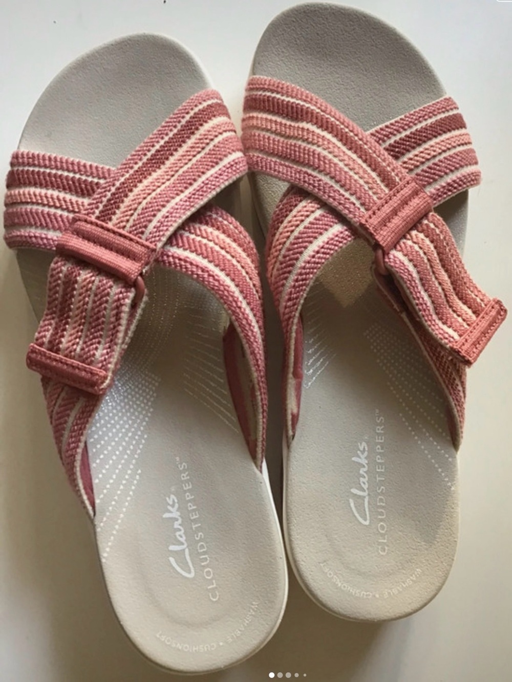 Clarks Pink Striped Cloudsteppers Crossband Slide Sandals